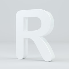 White letter R on studio light background. 3d rendering.