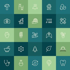 Modern Simple Set of health, science, nature Vector outline Icons. ..Contains such Icons as  hospital,  organic, technology, tree,  water and more on green background. Fully Editable. Pixel Perfect.