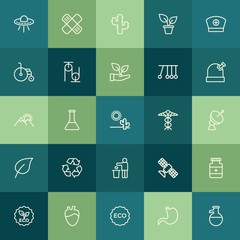 Modern Simple Set of health, science, nature Vector outline Icons. ..Contains such Icons as stomach,  desert,  lab, bandaid, interior, ufo and more on green background. Fully Editable. Pixel Perfect.