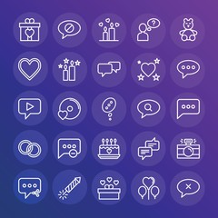 Modern Simple Set of chat and messenger, valentine Vector outline Icons. ..Contains such Icons as  network, message,  festival,  note and more on gradient background. Fully Editable. Pixel Perfect.