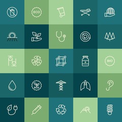 Modern Simple Set of health, science, nature Vector outline Icons. ..Contains such Icons as sign,  bin, human,  power, recycle,  human, ear and more on green background. Fully Editable. Pixel Perfect.