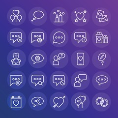 Modern Simple Set of chat and messenger, valentine Vector outline Icons. ..Contains such Icons as  candle,  design, love,  network, mail and more on gradient background. Fully Editable. Pixel Perfect.