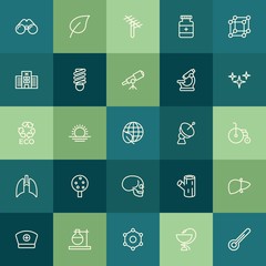 Modern Simple Set of health, science, nature Vector outline Icons. ..Contains such Icons as  experiment,  scale, sunset,  texture, wood and more on green background. Fully Editable. Pixel Perfect.