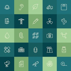 Modern Simple Set of health, science, nature Vector outline Icons. ..Contains such Icons as power,  sunrise, ear,  emergency,  isolated and more on green background. Fully Editable. Pixel Perfect.