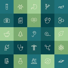 Modern Simple Set of health, science, nature Vector outline Icons. ..Contains such Icons as  oil, radiation, space,  experiment, physics and more on green background. Fully Editable. Pixel Perfect.