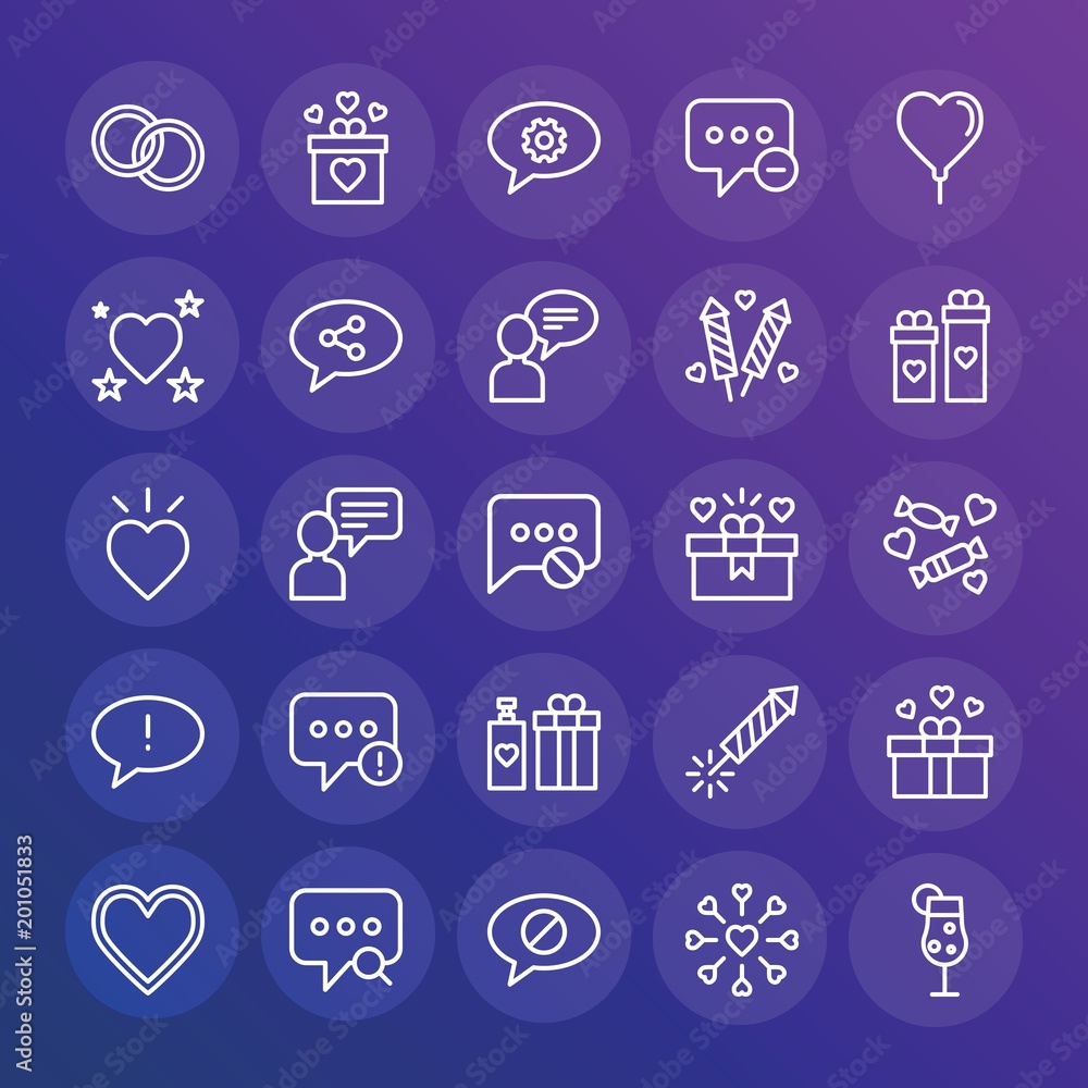 Poster modern simple set of chat and messenger, valentine vector outline icons. ..contains such icons as lo