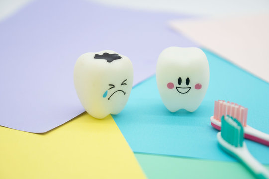 Model Cute toys teeth in dentistry on colorful pastel paper for background .