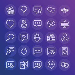 Modern Simple Set of chat and messenger, valentine Vector outline Icons. ..Contains such Icons as  ring,  mail,  symbol,  remove,  happy and more on gradient background. Fully Editable. Pixel Perfect.