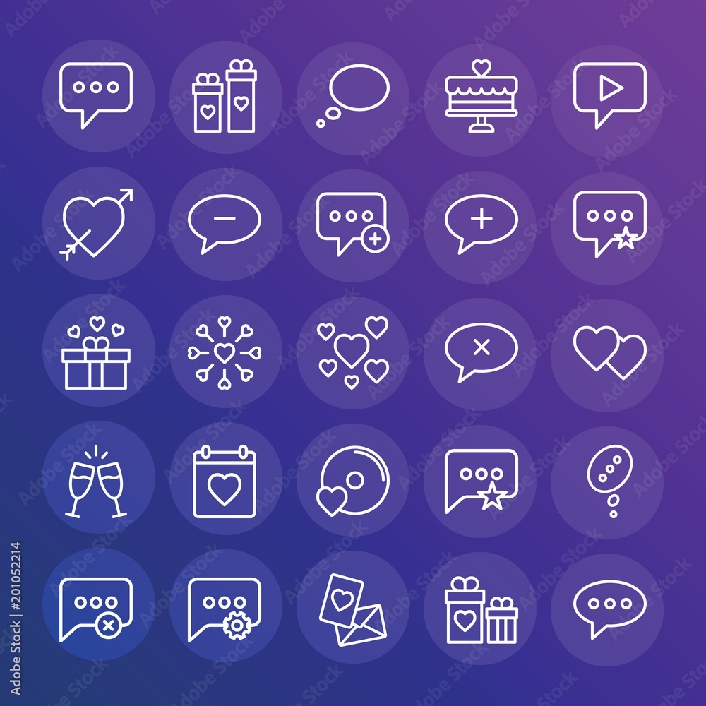 Poster modern simple set of chat and messenger, valentine vector outline icons. ..contains such icons as co