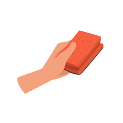 Hand holding a cleaning sponge, human hand with tool for cleaning, housework concept vector Illustration on a white background