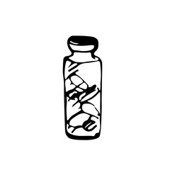 Hand drawn bottle of medical pills. Vector illustration. Sketch.