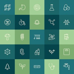 Modern Simple Set of health, science, nature Vector outline Icons. ..Contains such Icons as  save,  isolated,  bulb,  energy,  tree,  leaf and more on green background. Fully Editable. Pixel Perfect.