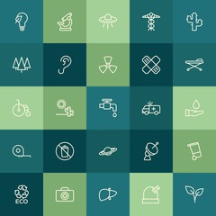 Modern Simple Set of health, science, nature Vector outline Icons. ..Contains such Icons as  scientific,  astronomy, medicine,  ecology and more on green background. Fully Editable. Pixel Perfect.