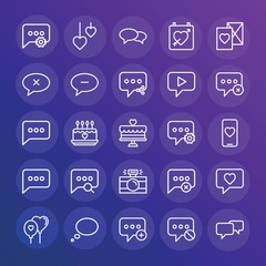 Modern Simple Set of chat and messenger, valentine Vector outline Icons. ..Contains such Icons as  new, wedding,  smartphone, delete and more on gradient background. Fully Editable. Pixel Perfect.