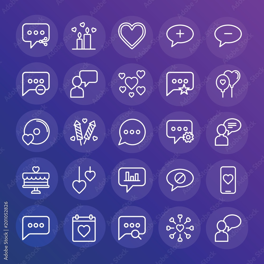 Poster modern simple set of chat and messenger, valentine vector outline icons. ..contains such icons as ve