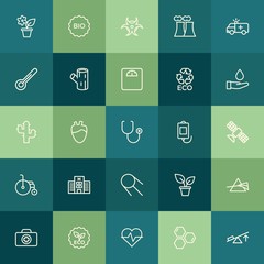Modern Simple Set of health, science, nature Vector outline Icons. ..Contains such Icons as bio,  sign,  electricity,  vector, pulse, human and more on green background. Fully Editable. Pixel Perfect.