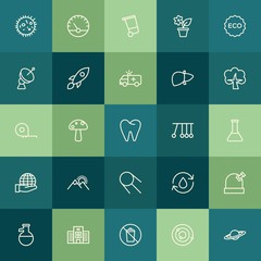Modern Simple Set of health, science, nature Vector outline Icons. ..Contains such Icons as  fresh,  laboratory,  space,  astronomy,  solar and more on green background. Fully Editable. Pixel Perfect.