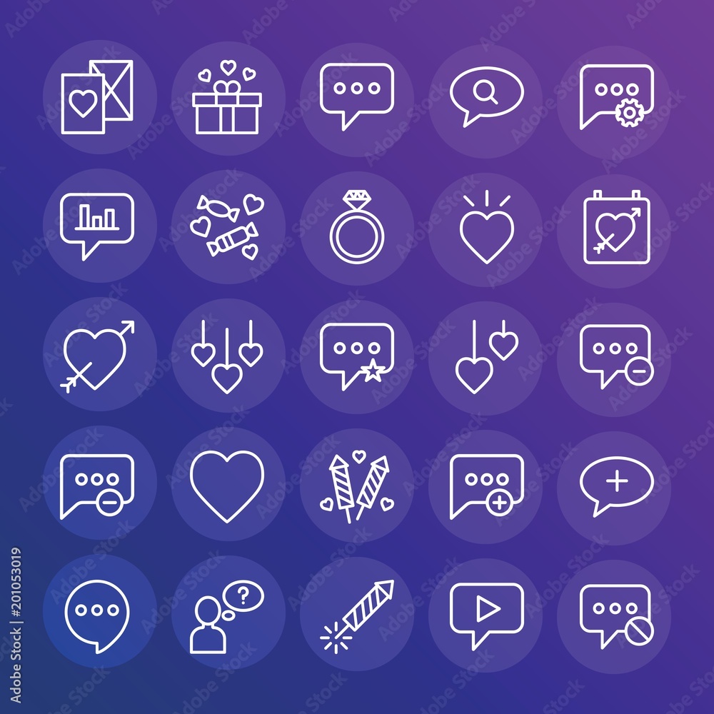 Poster modern simple set of chat and messenger, valentine vector outline icons. ..contains such icons as sy