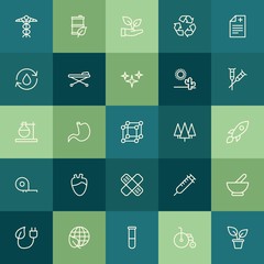 Modern Simple Set of health, science, nature Vector outline Icons. ..Contains such Icons as needle, herbal,  eco,  syringe,  health,  home and more on green background. Fully Editable. Pixel Perfect.