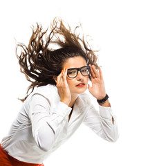 beautiful business woman with hair in the air