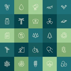 Modern Simple Set of health, science, nature Vector outline Icons. ..Contains such Icons as  atom,  universe, room,  garbage,  forest,  pot and more on green background. Fully Editable. Pixel Perfect.