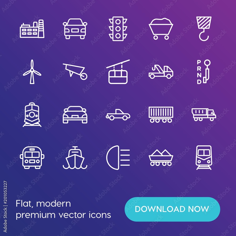 Poster modern simple set of transports, industry vector outline icons. ..contains such icons as factory, tr