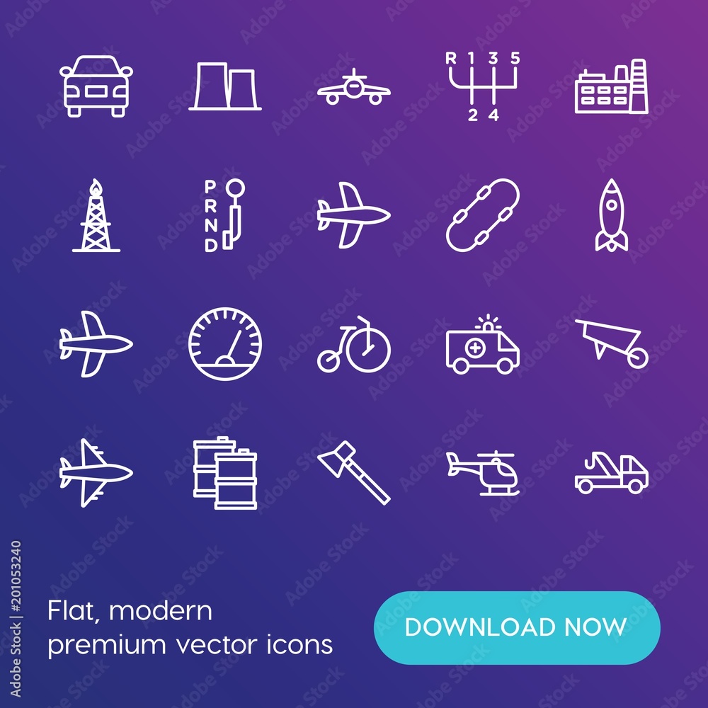 Poster modern simple set of transports, industry vector outline icons. ..contains such icons as change, mea