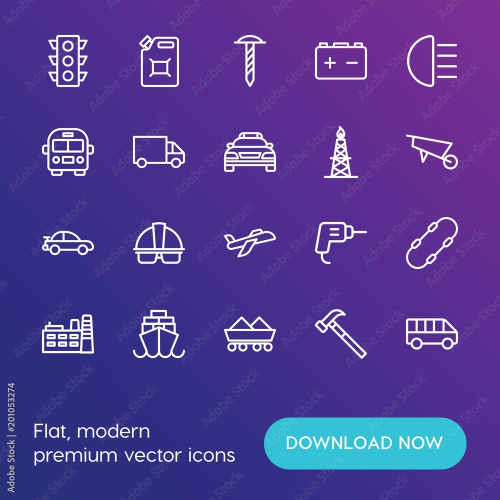 Poster modern simple set of transports, industry vector outline icons. ..contains such icons as constructio
