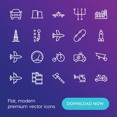 Modern Simple Set of transports, industry Vector outline Icons. ..Contains such Icons as change,  measure,  jeep,  airplane, axe, fuel and more on gradient background. Fully Editable. Pixel Perfect.