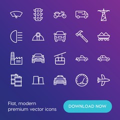 Modern Simple Set of transports, industry Vector outline Icons. ..Contains such Icons as  vehicle, delivery,  car, speed, aircraft,  sky and more on gradient background. Fully Editable. Pixel Perfect.