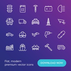 Modern Simple Set of transports, industry Vector outline Icons. ..Contains such Icons as construction,  transport,  battery,  skater and more on gradient background. Fully Editable. Pixel Perfect.