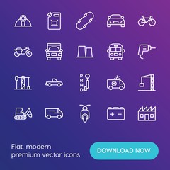 Modern Simple Set of transports, industry Vector outline Icons. ..Contains such Icons as  diesel,  plant,  emergency,  rescue,  tank and more on gradient background. Fully Editable. Pixel Perfect.