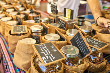 sale of exotic teas on local market of Saint-Pierre, Reunion island