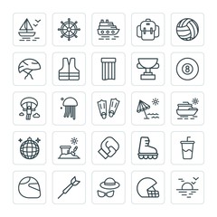 Modern Simple Set of sports, travel Vector outline Icons. ..Contains such Icons as wheel,  sail, sunset, sea,  travel,  bike,  drink,  sport and more on white background. Fully Editable. Pixel Perfect