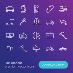 Modern Simple Set of transports, industry Vector outline Icons. ..Contains such Icons as skateboard,  airplane, axe,  stick, aircraft and more on gradient background. Fully Editable. Pixel Perfect.