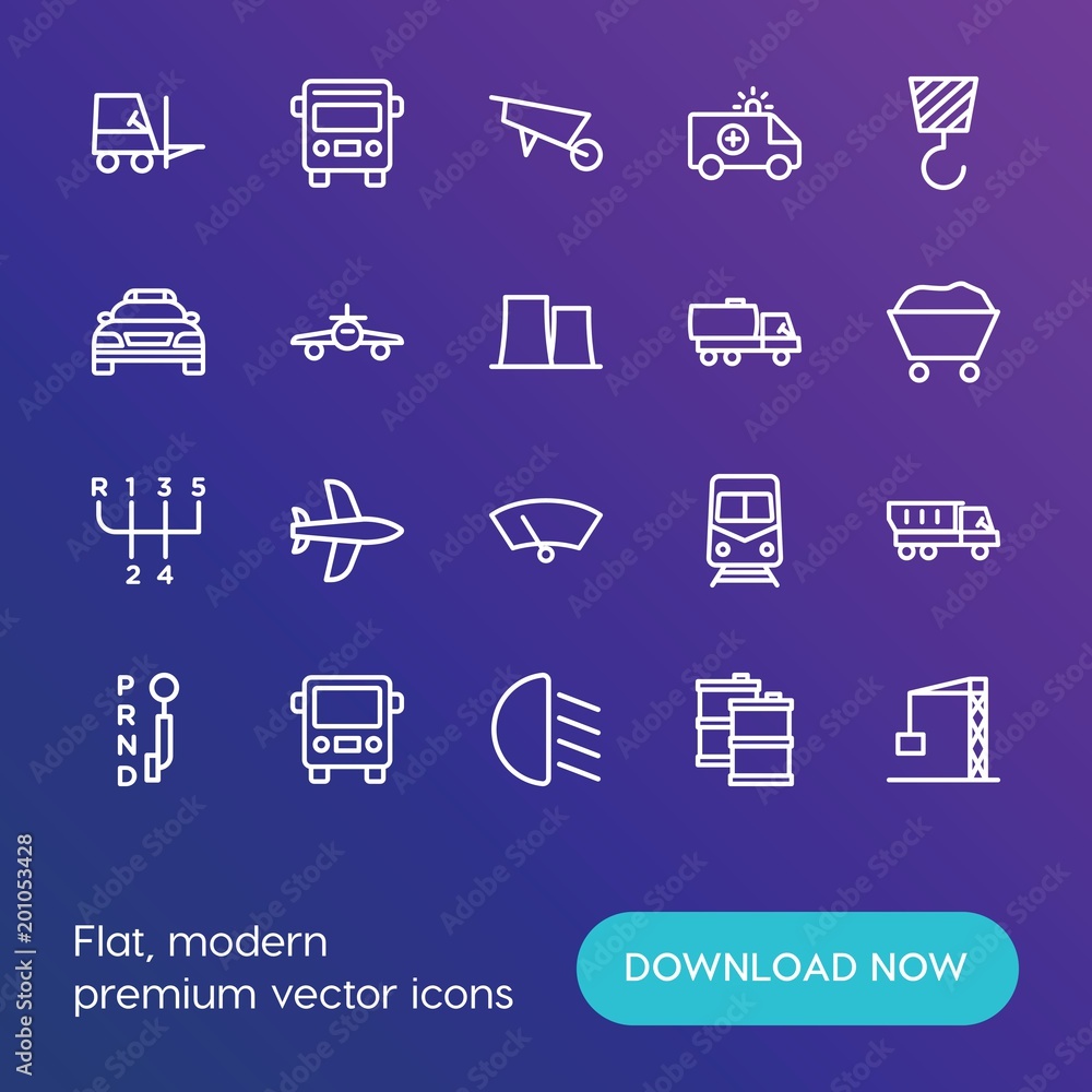Poster modern simple set of transports, industry vector outline icons. ..contains such icons as urban, spee