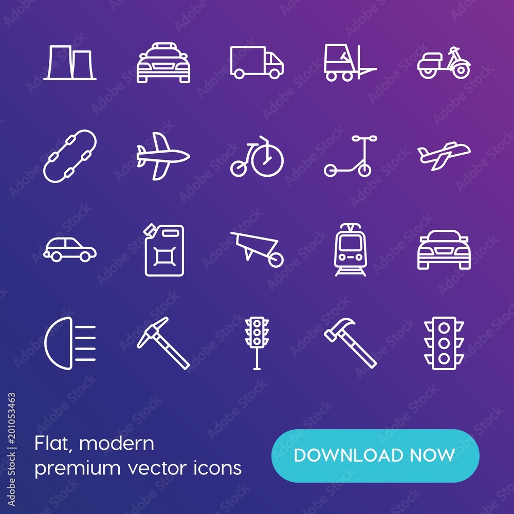 Poster modern simple set of transports, industry vector outline icons. ..contains such icons as cargo, traf