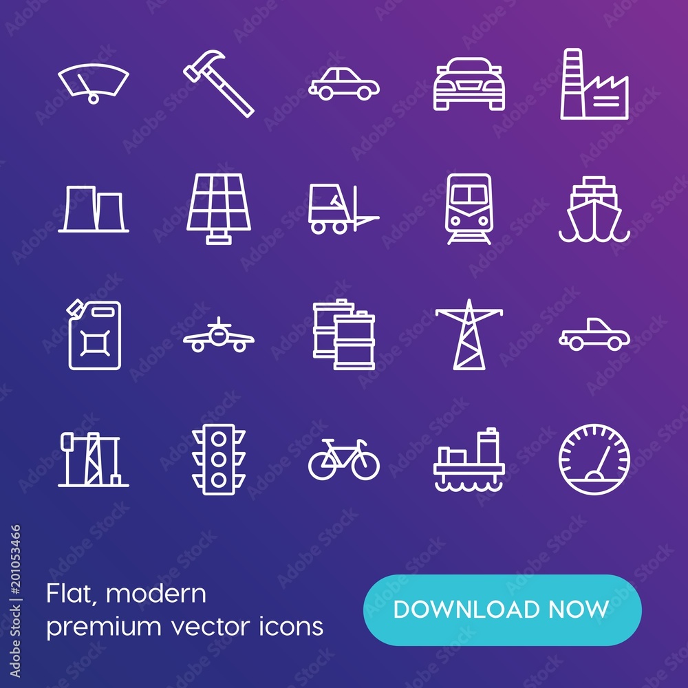 Poster modern simple set of transports, industry vector outline icons. ..contains such icons as plane, tool