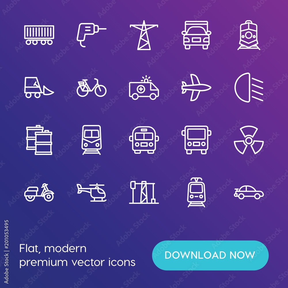 Poster modern simple set of transports, industry vector outline icons. ..contains such icons as people walk