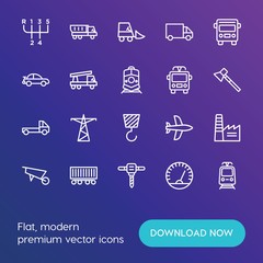 Modern Simple Set of transports, industry Vector outline Icons. ..Contains such Icons as tram, factory,  forklift,  shipping, power and more on gradient background. Fully Editable. Pixel Perfect.
