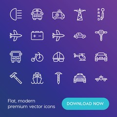 Modern Simple Set of transports, industry Vector outline Icons. ..Contains such Icons as  fly,  tanker,  copter,  illustration, hammer and more on gradient background. Fully Editable. Pixel Perfect.