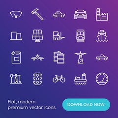 Modern Simple Set of transports, industry Vector outline Icons. ..Contains such Icons as  plane,  tool,  measure,  travel,  airplane and more on gradient background. Fully Editable. Pixel Perfect.