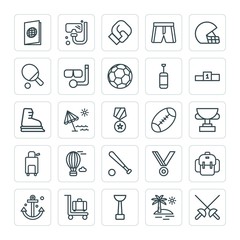Modern Simple Set of sports, travel Vector outline Icons. ..Contains such Icons as island,  baggage,  vector, boxing,  weapon,  knight,  id and more on white background. Fully Editable. Pixel Perfect