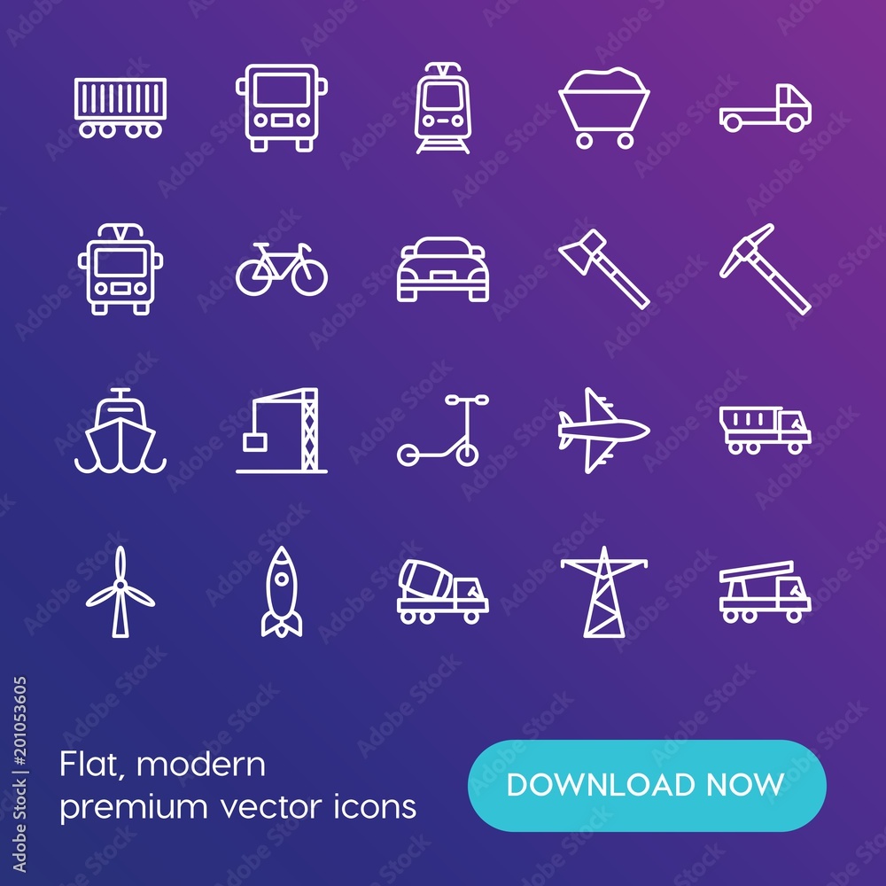 Poster modern simple set of transports, industry vector outline icons. ..contains such icons as renewable, 