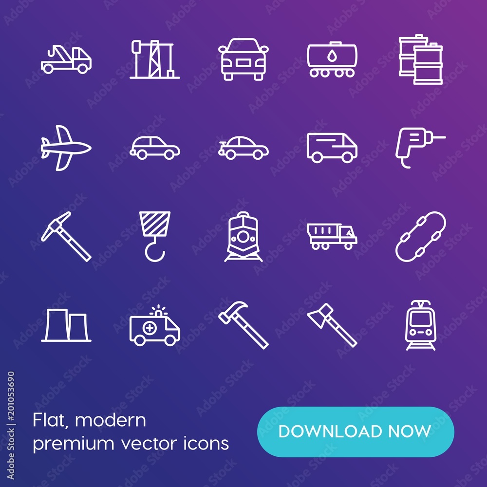 Poster modern simple set of transports, industry vector outline icons. ..contains such icons as vehicle, cr