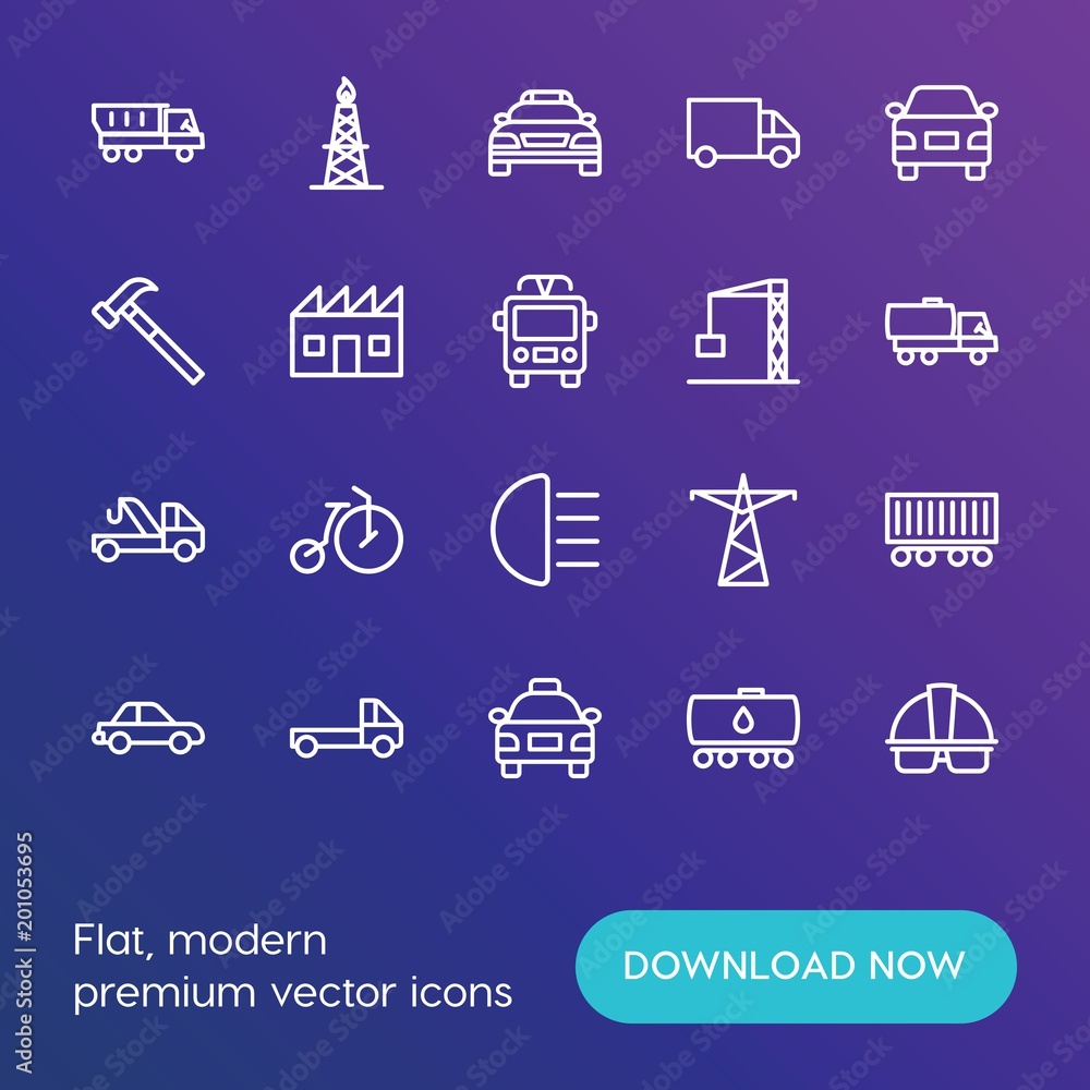 Poster modern simple set of transports, industry vector outline icons. ..contains such icons as transport, 