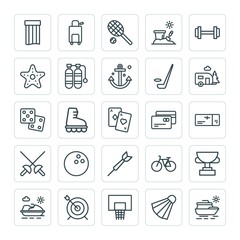 Modern Simple Set of sports, travel Vector outline Icons. ..Contains such Icons as  sport,  dart,  toy, tennis,  skating,  beach,  trip and more on white background. Fully Editable. Pixel Perfect