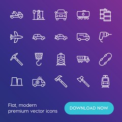 Modern Simple Set of transports, industry Vector outline Icons. ..Contains such Icons as vehicle,  crane,  building,  vehicle, axe, tram and more on gradient background. Fully Editable. Pixel Perfect.