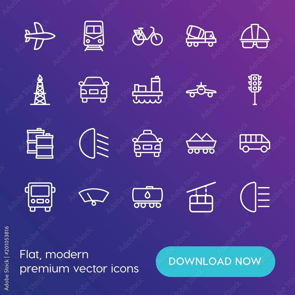 Poster modern simple set of transports, industry vector outline icons. ..contains such icons as people walk