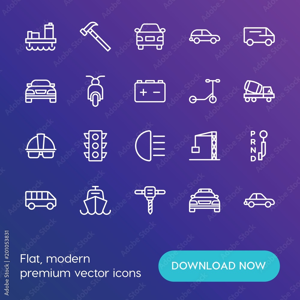 Poster modern simple set of transports, industry vector outline icons. ..contains such icons as safety, pub